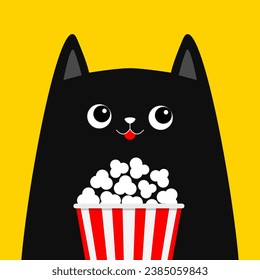 Black cat holding popcorn box. Cute cartoon funny character. Cinema theater. Pop corn. Kitten watching movie. Film show. Kids sticker print for tshirt. Flat design. Yellow background. Isolated. Vector