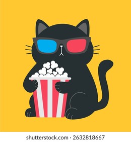 Black cat holding popcorn box. Kitten watching movie. Pop corn. 3d glasses. Cute cartoon funny character. Cinema theater. Film show. Childish style. Yellow background. Flat design. Vector illustration