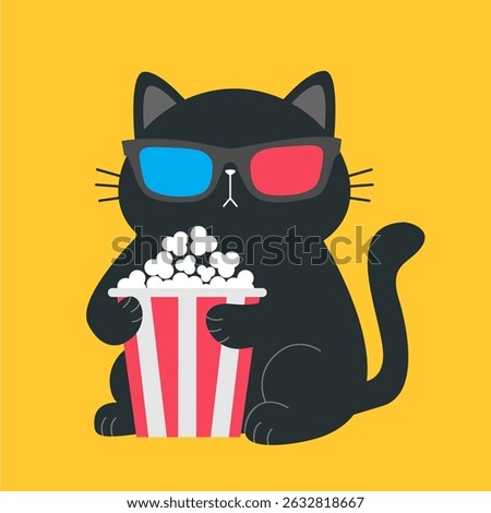 Black cat holding popcorn box. Kitten watching movie. Pop corn. 3d glasses. Cute cartoon funny character. Cinema theater. Film show. Childish style. Yellow background. Flat design. Vector illustration