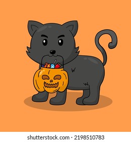 Black cat holding pumpkin pot with candies vector illustration