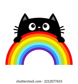 Schwarze Katze, die Regenbogen hält. Kätzchen pinkeln. Cute Cartoon Charakter. Valentinstag. Kawaii-Tier. Grußkarte. LGBT Flaggenfarbzeichen-Symbol. Aufkleber drucken. Flaches Design. Weißer Hintergrund. Vektorgrafik