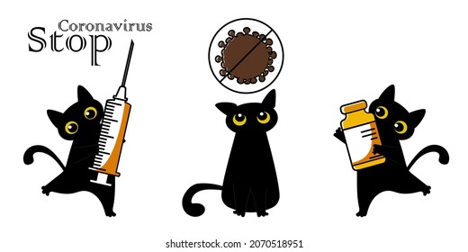 A black cat is holding a syringe and a vial with a dose. Viral diseases in animals. Vaccination for pets. Coronavirus in cats. Veterinary modern poster. Vector.