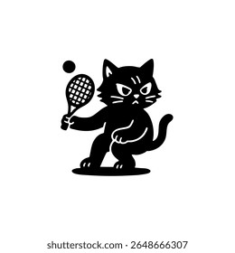 Gato preto segurando uma raquete de tênis e bola