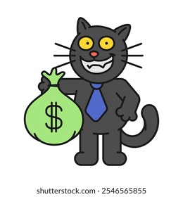 O gato preto segura um saco de dinheiro e sorri. Ilustração de vetor