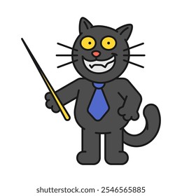 Black cat holds pointer and smiles. Vector Illustration