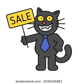 Black cat holds sign saying sale and smiles. Vector Illustration