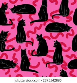 Black cat hot pink maximalist pattern for Valentine`s Day