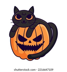 black cat hugging a pumpkin