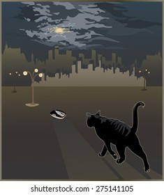 Black cat hunting for computer mouse in the night city under the moonlight. Vector.