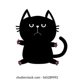 Black cat icon. Cute funny cartoon grumpy character. Kawaii animal. Big tail, whisker, eyes. Sad emotion. Kitty kitten Baby pet collection. White background. Isolated. Flat design. Vector illustration