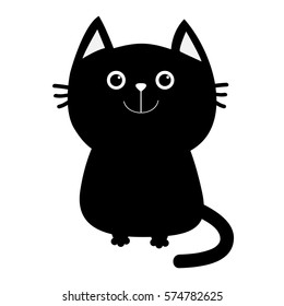 Black cat icon. Cute funny cartoon smiling character. Kawaii animal. Big tail, whisker, eyes. Happy emotion. Kitty kitten Baby pet collection. White background Isolated Flat design Vector illustration