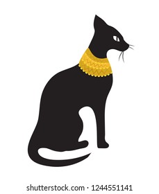 Black cat icon flat, cartoon style. Dark Sphinx with a gold necklace. Isolated on white background. Vector illustration