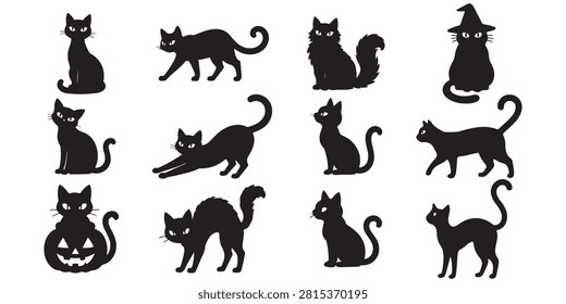 Black Cat Icon Set – Halloween Cat Poses and Spooky Feline Collection, EPS 10