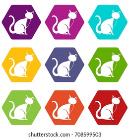 Black cat icon set many color hexahedron isolated on white vector illustration