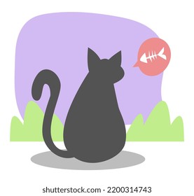 black cat illustration back view hungry. fishbone icon. purple and grass background. concept of pets, animals, food, etc. flat vector. cute, doodle character style.