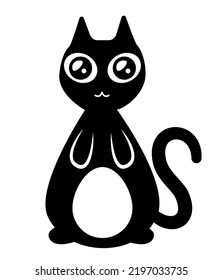 Black cat illustration. Flat black adorable black cat illustration, isolated on white background. Kitten cartoon sketch clip art, for your design projects.