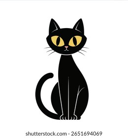 Black cat illustration with large yellow eyes sitting on a white background simple cartoon style