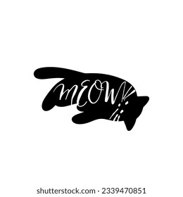 Black cat illustration with Meow text isolated on white background