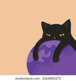 Black cat illustration. Minimal cat illustration. Cat on a fur ball. Black cat. 