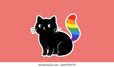 Ilustração de gato preto com cauda de arco-íris para a celebração do orgulho