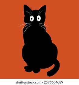 Black cat illustration. Silhouette drawing of cute pussycat with tail, mustache and eyebrows.