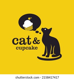 Black cat imagining eating cupcake, Cat silhouette vector logo template