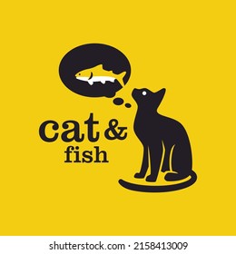 Black cat imagining eating fish, cat mascot vector logo template