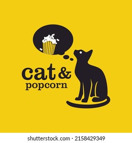 Black cat imagining eating pizza, Cat silhouette and popcorn vector icon illustration