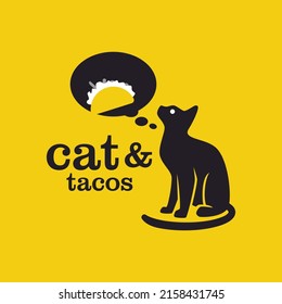 Black cat imagining eating tacos, Cat silhouette and tacos vector icon illustration