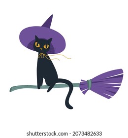 A black cat in an interesting purple hat flies on a broomstick. Halloween concept. The concept of the supernatural. Isolated white background. Vector illustration.