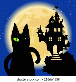 Black cat invites you to visit a halloween party at the castle.  Hand drawn vector illustration.
