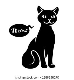 Black cat isolated on white vector illustration. Hand drawn meow lettering text