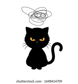 Black cat isolated on white background vector illustration. Funny cartoon character.