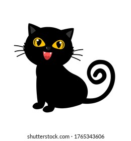 Black cat isolated on white background vector illustration. Cute cartoon character.