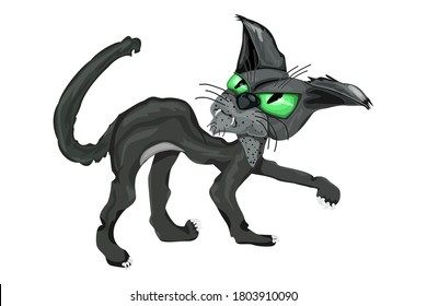 Black cat isolated on white background. Angry black cat with big green eyes. Scary Halloween black cat. Spooky animal design for invitation, poster or banner. Negative emotion.Stock vector illustration