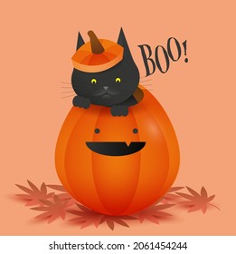 black cat in jack o lantern happy halloween greetings design template vector, illustration