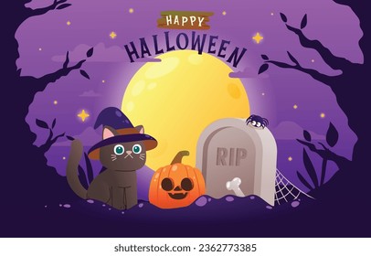 Black Cat and Jack O Lantern in Haunted Graveyard on Halloween Fullmoon Night, Vector, Illustration