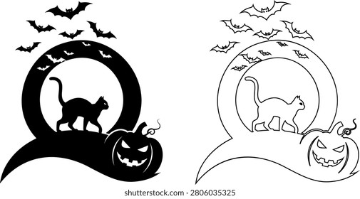 Black cat and jack o lantern inside speech bubble with bats flying illustration Editable icons