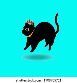 A black cat jumped with shock on a light blue background
