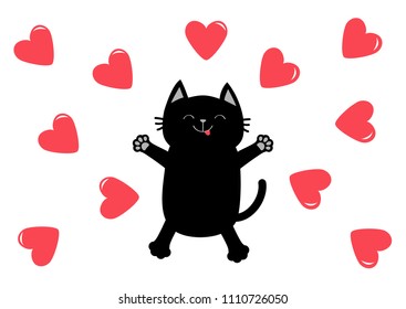 Black cat jumping or making snow angel. Heart icon set. Happy Valentines day. Love card. Cute cartoon funny character. Kawaii pet animal. White background. Flat design. Vector illustration.