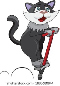 Black Cat Jumping On A Pogo Stick. Vector Illustration