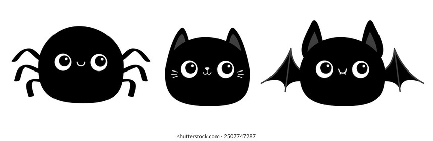 Gatito negro, murciélago, juego de iconos redondos de araña. Feliz Halloween. Cara sonriente. Personaje lindo del bebé de la historieta. Animal kawaii. Estilo infantil. Impresión de la etiqueta engomada. Diseño plano. Aislado. El fondo blanco. Vector