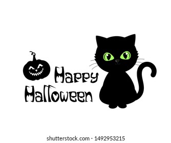 Black cat kitten cartoon character with green eyes, pumpkin and hand writing text Happy Halloween.