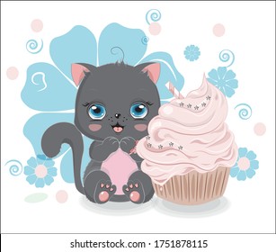 gato negro, gatito con quequitos sobre el fondo de la flor, imagen en forma de caricatura de dibujos a mano, para el diseño de la moda de las camisetas, tarjeta de saludo, postal. ducha de bebé. invitación de fiesta.
