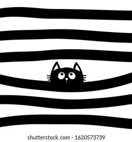 Black cat kitten face head looking up. Scandinavian pattern. Black and white abstract geometric background. Hand drawn striped line shape. Cute cartoon kawaii animal. Flat design style. Vector