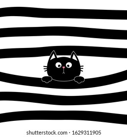 Black cat kitten face head holding line. Scandinavian pattern. Black and white abstract geometric background. Hand drawn striped shape. Cute cartoon kawaii animal Flat design style Vector illustration