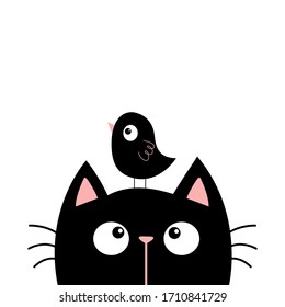 Black cat kitten face head looking at funny bird. Cute cartoon character. Kawaii baby pet animal. Scandinavian style. Notebook cover, tshirt, greeting card print. Flat design. White background. Vector