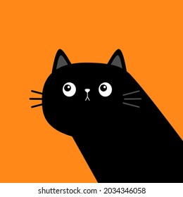 Black cat kitten face head body in the corner. Cute kawaii baby pet animal. Cartoon character. Scandinavian style. Notebook cover, tshirt, greeting card print. Flat design. Orange background. Vector