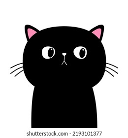 Black cat kitten face head body. Cute kawaii baby pet animal. Cartoon character. Pink ears. Notebook cover, tshirt, greeting card print. Flat design. White background. Vector illustration