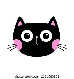 Black cat kitten face head silhouette icon. Pink cheeks. Funny kawaii doodle animal. Cute cartoon funny baby pet character. Sticker print. Flat design. White background. Isolated. Vector illustration